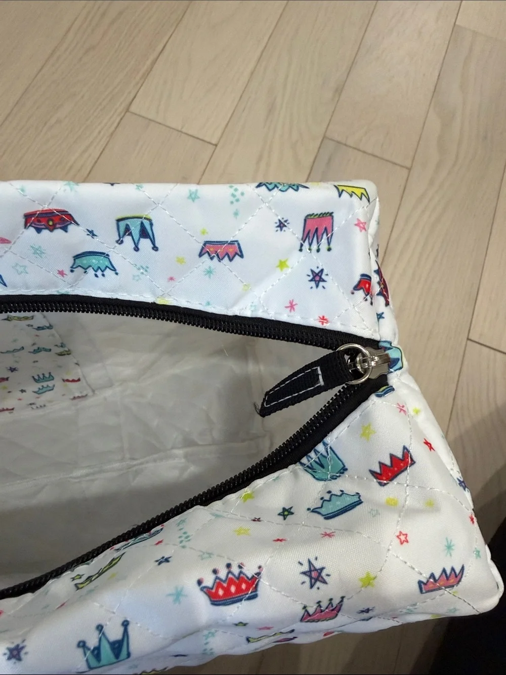 Scout White Diaper Tote with Multicolor Crown Print